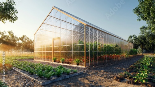 A modern greenhouse bathed in sunlight, surrounded by healthy plants, showcasing sustainable gardening practices. photo