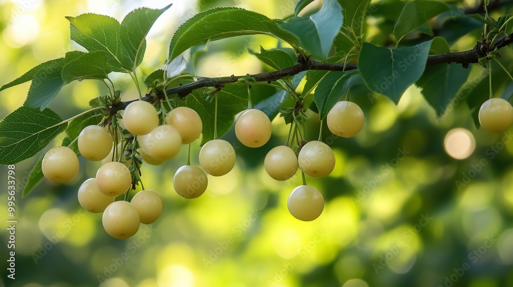 Ripe yellow cherries hanging from a branch in a sunlit orchard during summer Ripe yellow cherries hanging from a branch in a sunlit orchard during summer