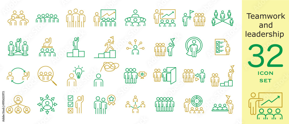 Workshop and teamwork line icons set. 32 Icons of teamwork, cooperation, partnership, leadership. Vector illustration. Workshop and teamwork line icons set. 32 Icons of teamwork, cooperation, partnership, leadership. Vector illustration.