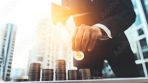 A businessman places a gold coin on top of a stack of coins, representing financial growth. photo