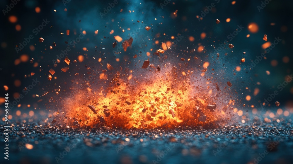 An intense explosion creates a shower of sparks and debris against a dark background, illuminating the surroundings An intense explosion creates a shower of sparks and debris against a dark background, illuminating the surroundings