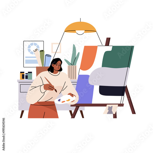 Talented artist painting modern abstract artwork on easel. Creative painter drawing contemporary art in class. Girl creates picture with paints. Flat isolated vector illustration on white background