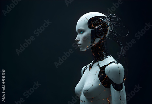 futuristic female robot with sleek design and intricate circuitry is depicted in side view. glowing elements and detailed features evoke sense of advanced technology and innovation