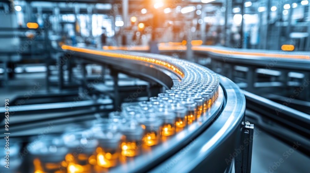 Beverages are being transported on a conveyor belt in a bustling factory setting with warm lighting