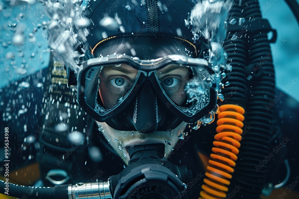 A scuba instructor in a diving suit and mask, their body language showing confidence and readiness as they prepare to guide a group underwater. A scuba instructor in a diving suit and mask, their body language showing confidence and readiness as they prepare to guide a group underwater.