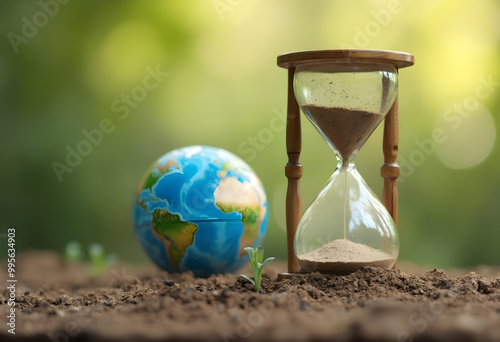 image depicts hourglass next to globe, symbolizing urgency of environmental issues and concept of Earth Overshoot Day. scene conveys sense of time running out for our planets resources photo