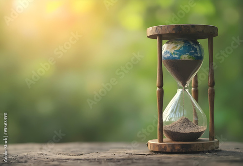 image depicts hourglass with Earth at top, symbolizing urgency of Earth Overshoot Day and need for sustainable living