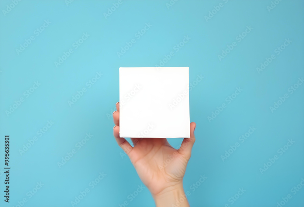 minimalistic concept image featuring persons hand holding blank white box against blue background, evoking sense of simplicity and creativity minimalistic concept image featuring persons hand holding blank white box against blue background, evoking sense of simplicity and creativity