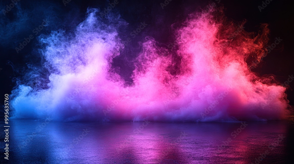 Vibrant blue and pink smoke billows across a reflective surface, creating an enchanting atmosphere in low light Vibrant blue and pink smoke billows across a reflective surface, creating an enchanting atmosphere in low light