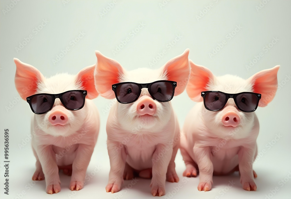 Obraz premium Three adorable piglets wearing stylish sunglasses sit together, exuding playful and trendy vibe. Their cute expressions and fashionable accessories create delightful scene