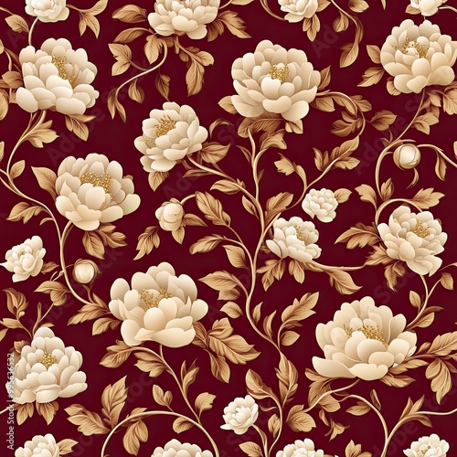 A floral pattern featuring cream-colored peonies against a rich burgundy background, showcasing elegant vines and leaves.
