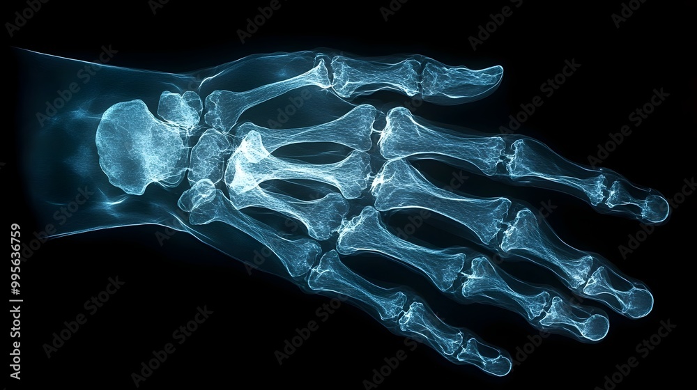 Detailed X ray Image of Human Hand Showing Intricate Bone Structure and Potential Injuries Detailed X ray Image of Human Hand Showing Intricate Bone Structure and Potential Injuries