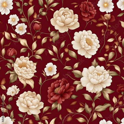 A beautiful floral pattern featuring various peonies and daisies against a rich burgundy background.