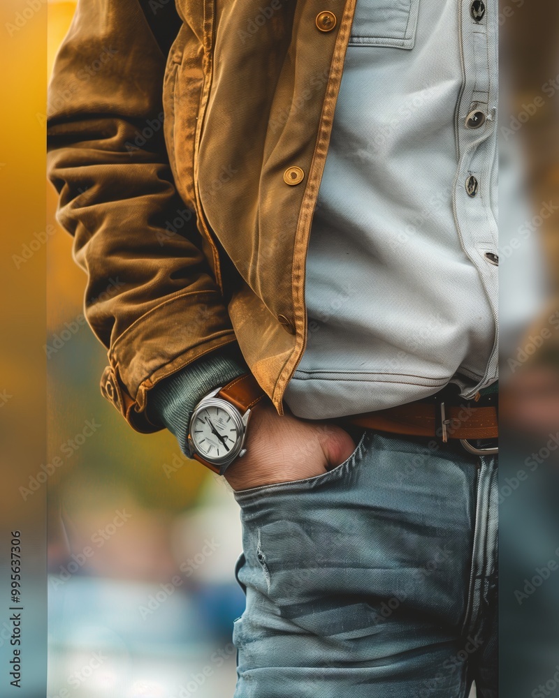 Casual Style with Brown Jacket and Denim, Featuring Stylish Wristwatch Casual Style with Brown Jacket and Denim, Featuring Stylish Wristwatch