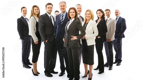 A diverse group of business professionals in suits and dresses stand together with confident smiles.