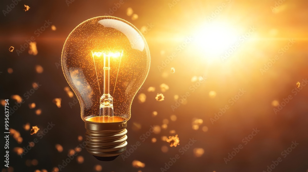 Electric light bulb surrounded by floating dust particles, glowing softly in an ambient sunlight beam, symbolizing clarity amidst chaos Electric light bulb surrounded by floating dust particles, glowing softly in an ambient sunlight beam, symbolizing clarity amidst chaos