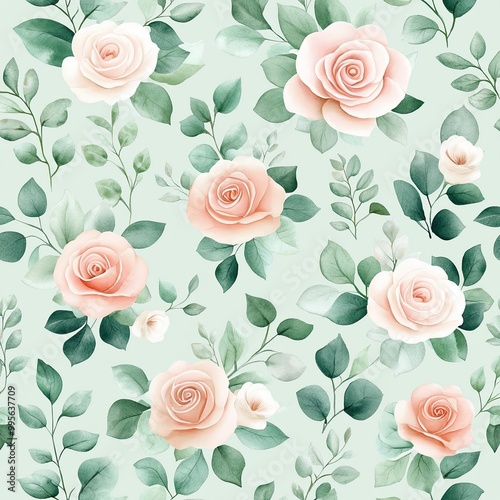A serene floral pattern featuring soft pink roses and lush green leaves on a pastel background, perfect for wallpaper or fabric design.