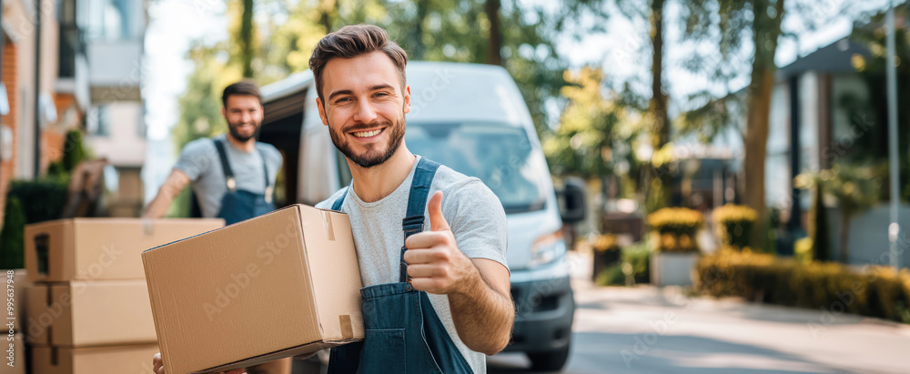 Moving and teamwork in transport services banner. Smiling loader holding cardboard box, showing thumb up at minivan. Two men moving service workers in uniform carefully carry boxes. Delivery service Moving and teamwork in transport services banner. Smiling loader holding cardboard box, showing thumb up at minivan. Two men moving service workers in uniform carefully carry boxes. Delivery service