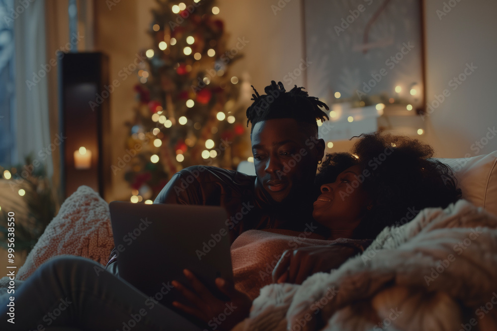 Obraz premium Black couple relaxing together at home watching something on a laptop