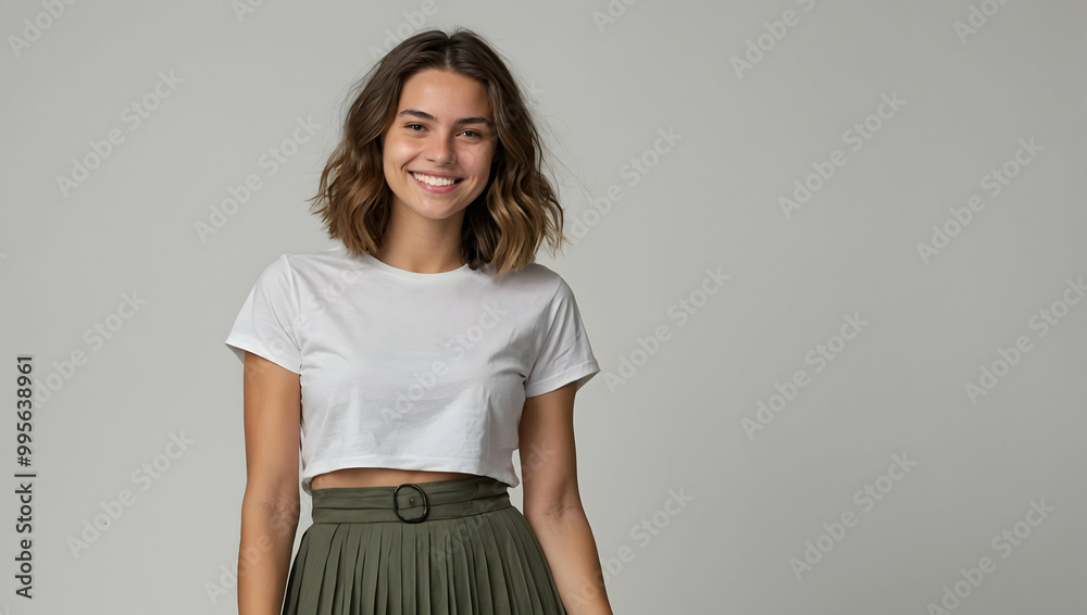 Radiant Confidence: A young woman with a warm smile and captivating eyes exudes confidence in a simple yet stylish white t-shirt and olive green skirt. Radiant Confidence: A young woman with a warm smile and captivating eyes exudes confidence in a simple yet stylish white t-shirt and olive green skirt.