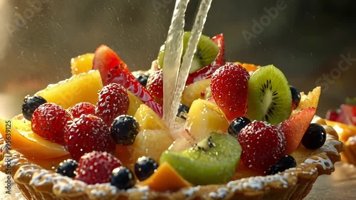 A vibrant fruit tart splashing water, showcasing fresh fruits in a pastry shell.