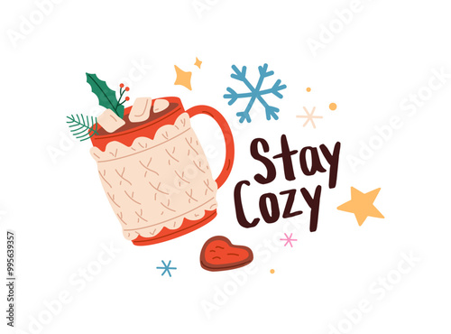 New year cup of cocoa with marshmallow. Christmas hot drink in mug. Xmas sticker, postcard print with congratulation phrase. Winter holiday vibe. Flat isolated vector illustration on white background