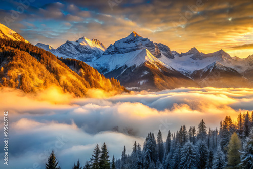 breathtaking view of snow capped peaks illuminated by golden hour light, surrounded by misty clouds and evergreen forests, creating serene and majestic landscape