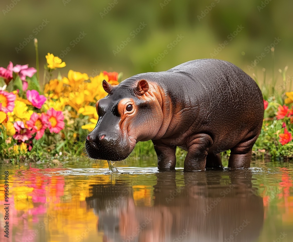 Fototapeta premium A hippo wades through water surrounded by colorful flowers, showcasing a vibrant natural landscape.
