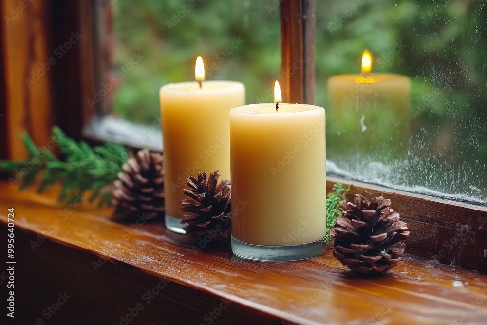 Window decorated with two glowing candles and pinecones creating a cozy and peaceful holiday scene with natural elements Window decorated with two glowing candles and pinecones creating a cozy and peaceful holiday scene with natural elements