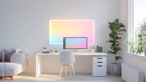 A sleek home office with interactive digital workstations and neon-lit productivity tools, promoting efficiency