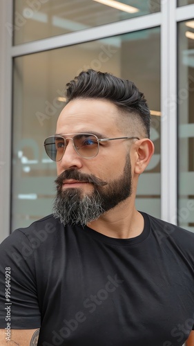 Bearded man with glasses looking sideways, wearing black t-shirt, modern haircut, urban background, confident expression, stylish hipster beard, professional appearance, lifestyle portrait