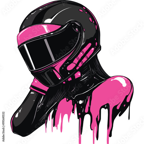 A cartoon girl wearing black and pink racing gloves, a helmet covering her face