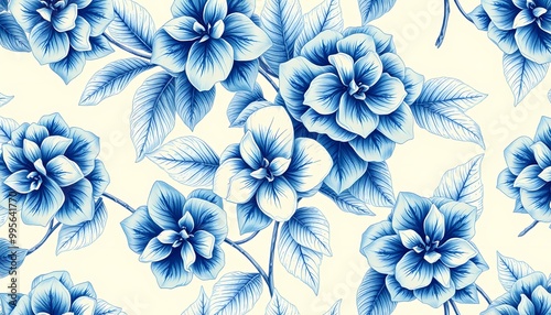 Detailed Blue Hydrangea Floral Artwork - Vintage Engraving with Soft Shading and Leaf Art