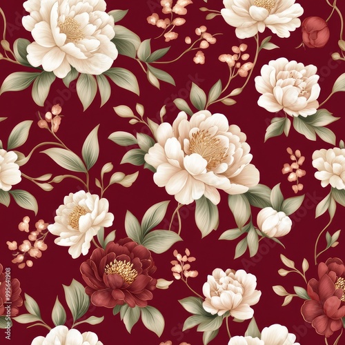 A floral pattern featuring large, elegant peonies in shades of cream and burgundy against a rich, deep red background.