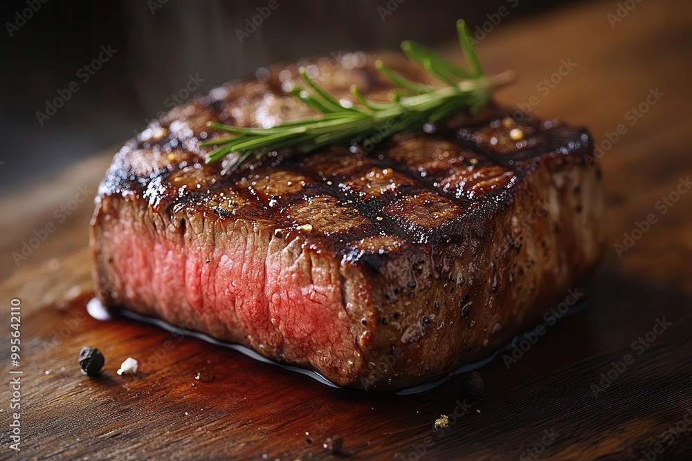 a beautifully grilled beef steak perfectly seared and presented on a rustic wooden background emanating mouthwatering aromas and textures