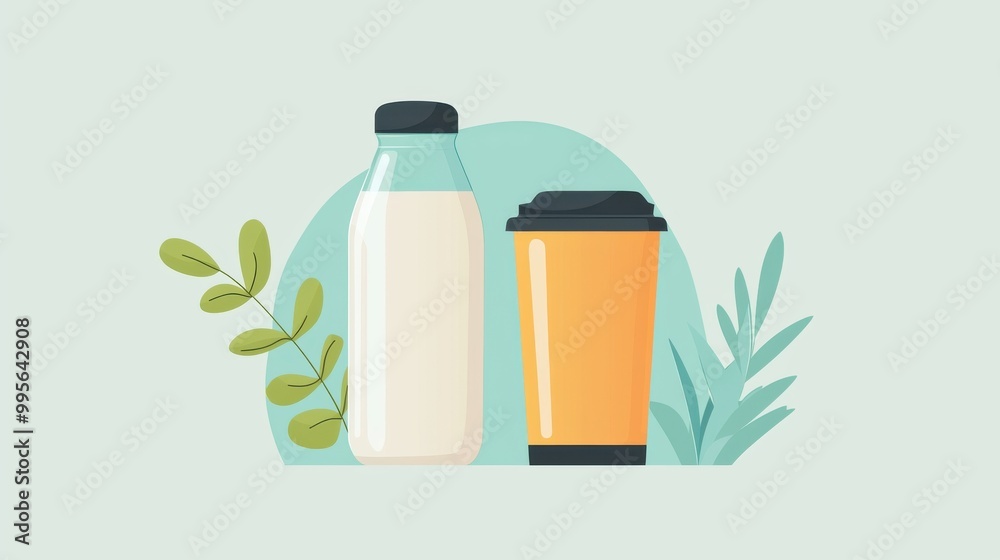 A minimalist illustration featuring a milk bottle and a coffee cup surrounded by green leaves, perfect for beverage-related themes. A minimalist illustration featuring a milk bottle and a coffee cup surrounded by green leaves, perfect for beverage-related themes.