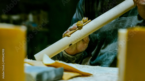 carpenter using nail gun or brad nailer tool on wood box in a workshop ,furniture restoration woodworking concept. selective focus