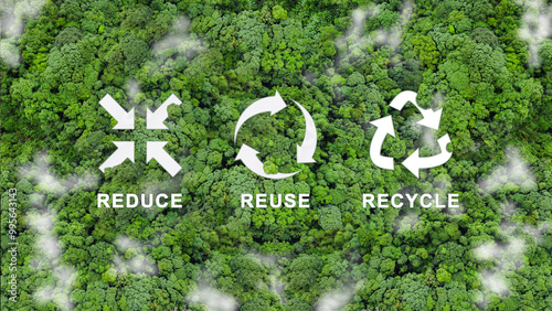 Reduce, reuse, recycle symbol in the middle of a beautiful untouched jungle. Ecological concept. An ecological metaphor for ecological waste management and a sustainable and economical lifestyle. photo