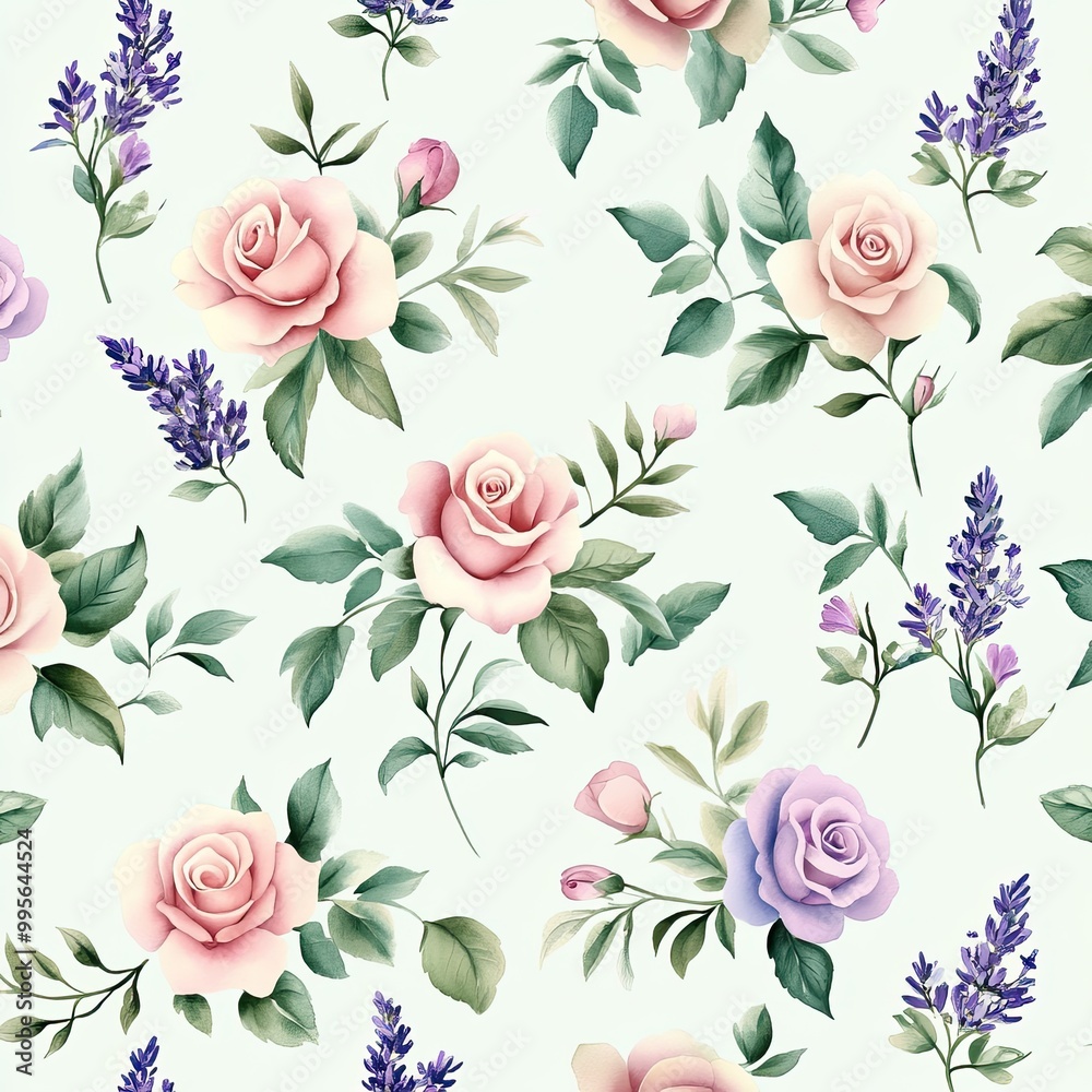 A floral pattern featuring pink and lavender roses interspersed with purple lavender, all set against a pale green background. A floral pattern featuring pink and lavender roses interspersed with purple lavender, all set against a pale green background.