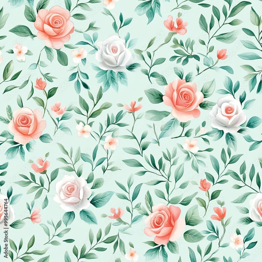 Fototapeta A soft floral pattern featuring pink and white roses, complemented by green leaves, set against a light mint background.