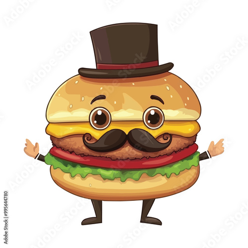 Vector Cartoon character of a hamburger with a mustache and top hat