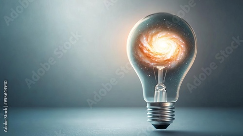 Electric light bulb with a galaxy swirling inside, ambient lighting creating a cosmic, space-inspired atmosphere, limitless potential