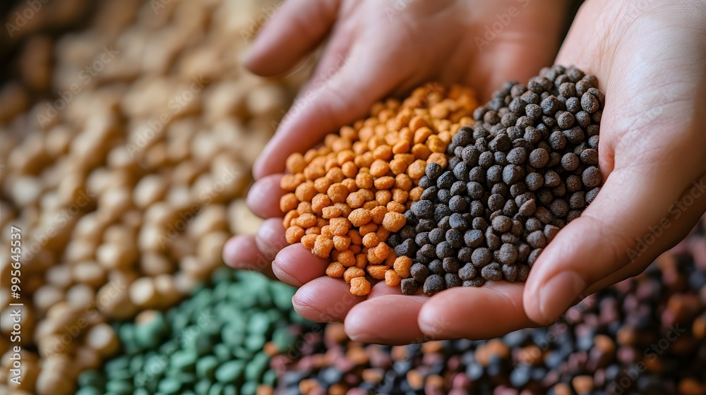 Close-up of a Hand Holding Different Colored Pet Food Pellets