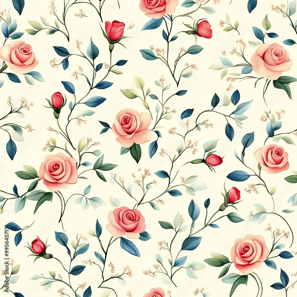A floral pattern featuring pink roses and green leaves on a light background, creating a classic and elegant design. A floral pattern featuring pink roses and green leaves on a light background, creating a classic and elegant design.