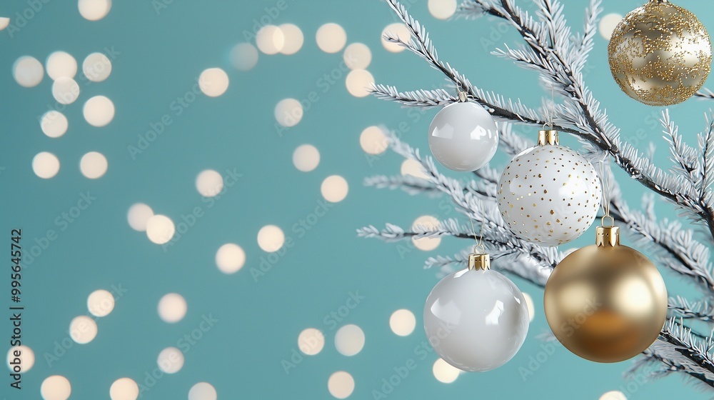Elegant Christmas ornaments hanging on frosty branches with a soft bokeh background, creating a festive and joyful atmosphere. Elegant Christmas ornaments hanging on frosty branches with a soft bokeh background, creating a festive and joyful atmosphere.