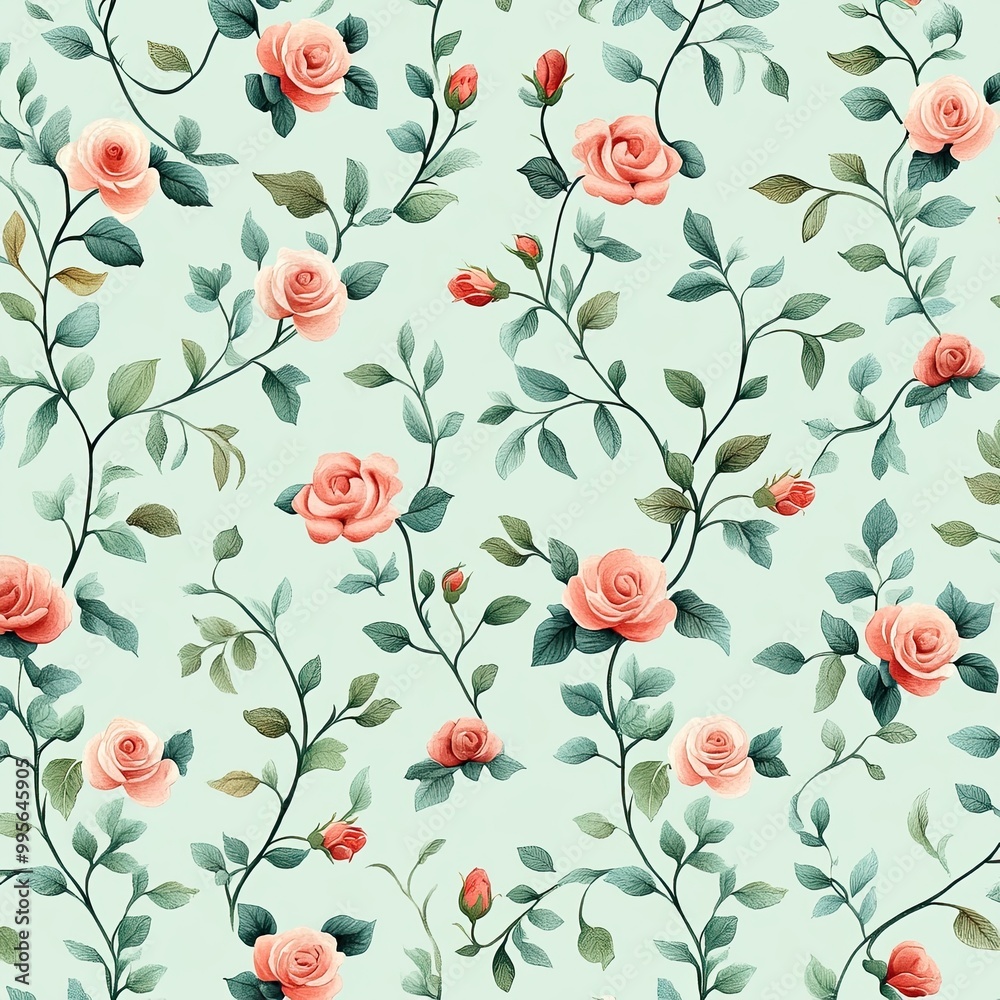 A seamless floral pattern featuring pink roses and green leaves on a soft turquoise background. A seamless floral pattern featuring pink roses and green leaves on a soft turquoise background.