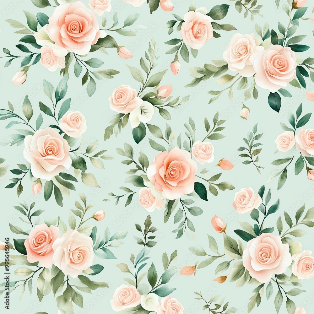 A vibrant floral pattern featuring soft pink roses and green leaves on a light blue background, perfect for decorative use. A vibrant floral pattern featuring soft pink roses and green leaves on a light blue background, perfect for decorative use.