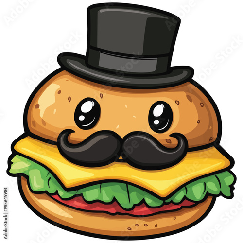 Vector Cartoon character of a hamburger with a mustache and top hat