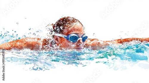 A swimmer gliding through water, showcasing strength and agility in a dynamic action pose with splashes all around.