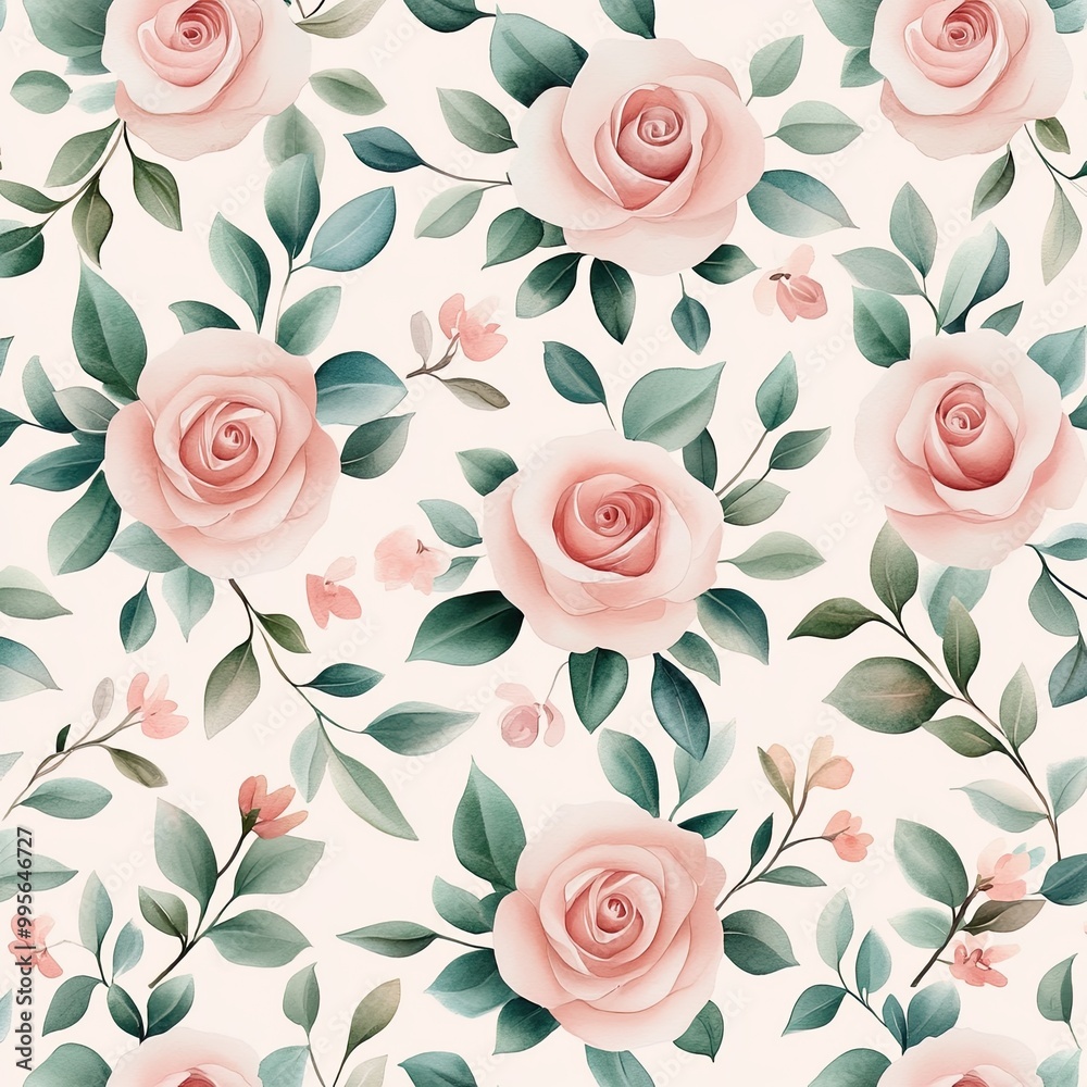 Fototapeta A delicate floral pattern featuring soft pink roses and green leaves on a light background.